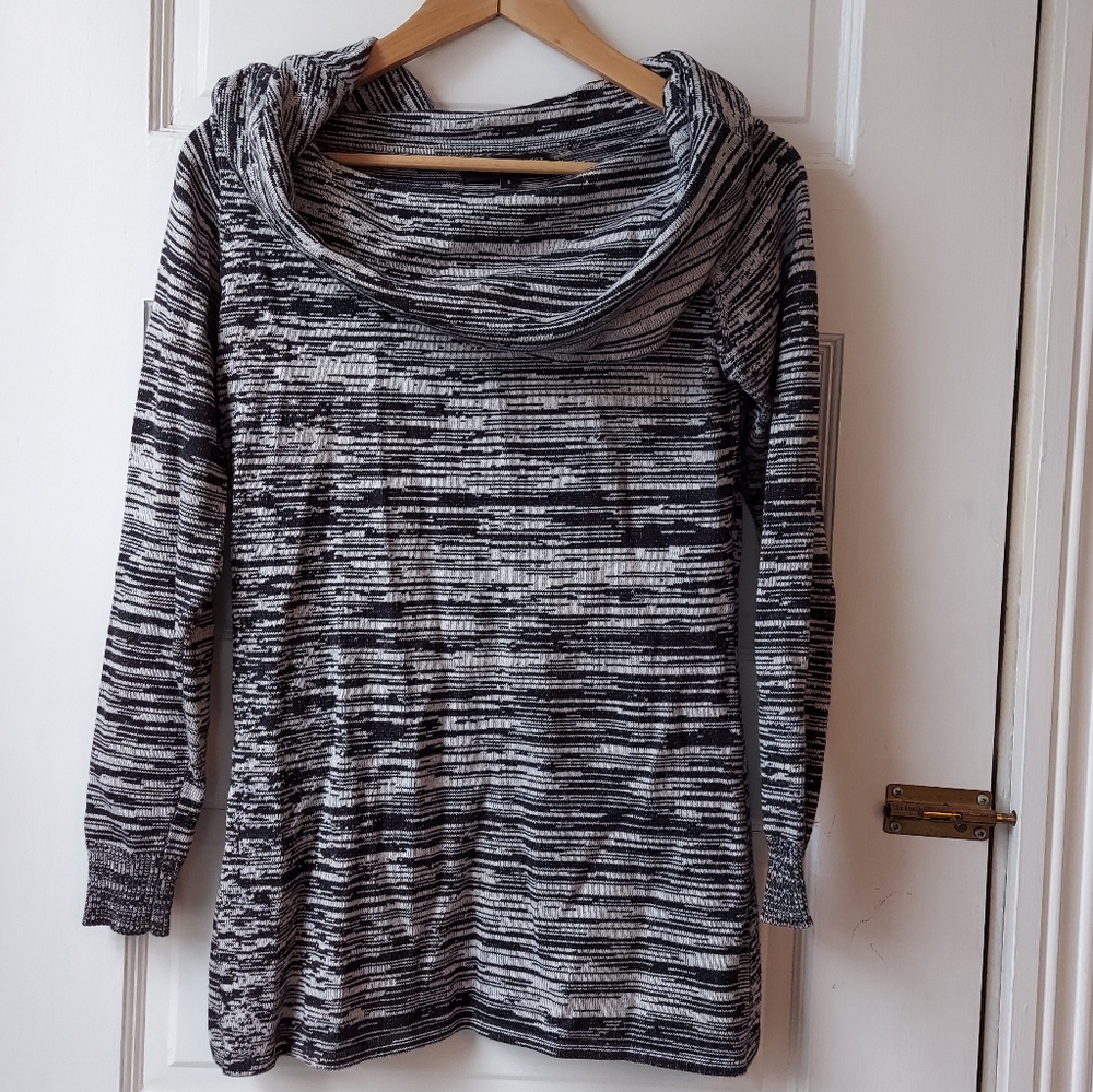 EUC Central Park West size medium cowl neck marled black and white sweater